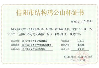 “息縣城南區(qū)域棚戶區(qū)改造項(xiàng)目1#、2#、3#、7#樓、地下車庫(kù)工程”被授予2018下半年“信陽(yáng)市結(jié)構(gòu)雞公山杯”稱號(hào)