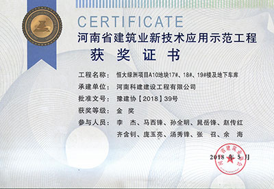 “恒大綠洲項目A10地塊17#、18#、19#樓及地下車庫工程”榮獲“河南省建筑業新技術應用示范工程”金獎