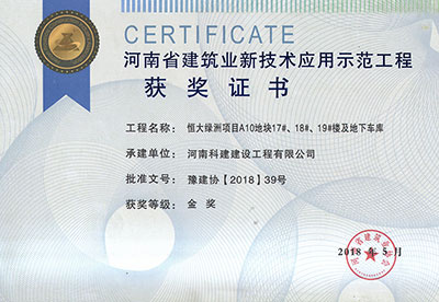 “恒大綠洲項目A10地塊17#、18#、19#樓及地下車庫工程”榮獲“河南省建筑業新技術應用示范工程”金獎